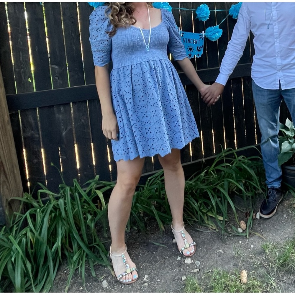 Betsey Johnson Blue Short Sleeve Smock Eyelet Embroidery Baby shower Dress Large